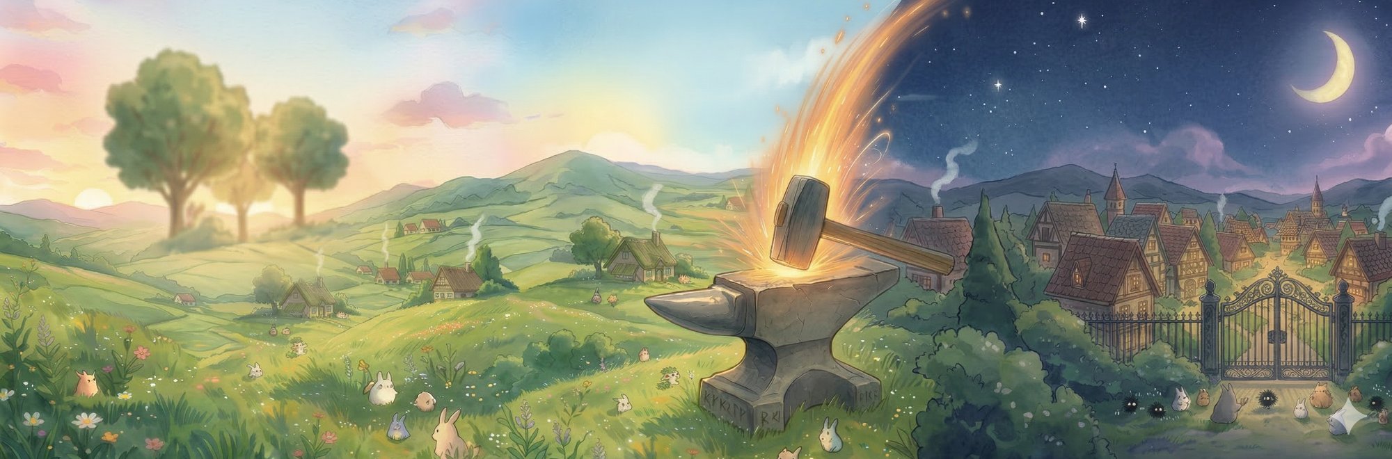 A Ghibli-style pastoral landscape with an anvil and hammer striking sparks, day meeting night